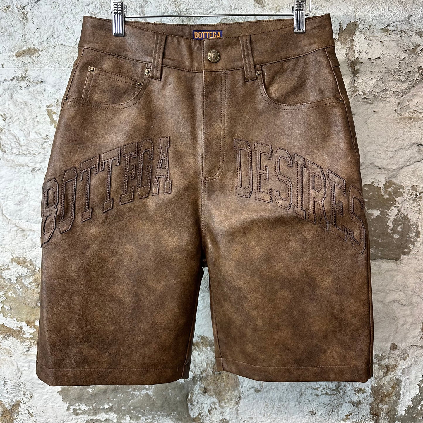 Bottega Desires Leather Spellout Shorts Brown Sz 30