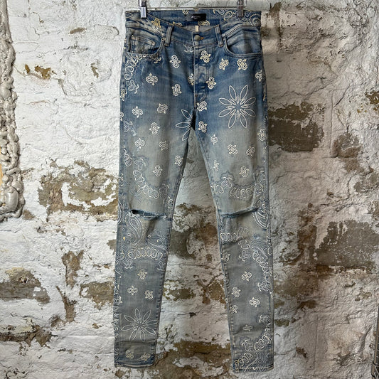 Amiri Knee Rip White Paisley Print Blue Denim Jeans Sz 31