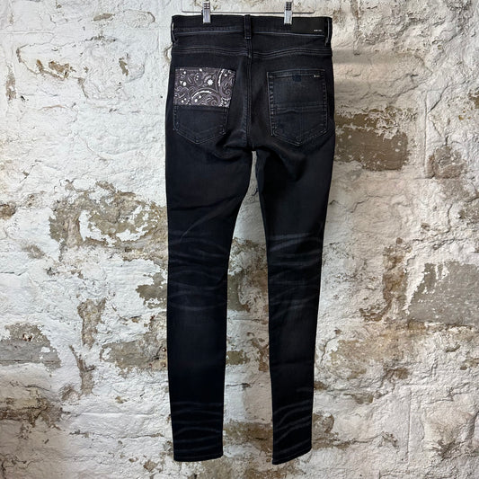 Amiri MX1 Grey Paisley Patches Black Denim Jeans Sz 31