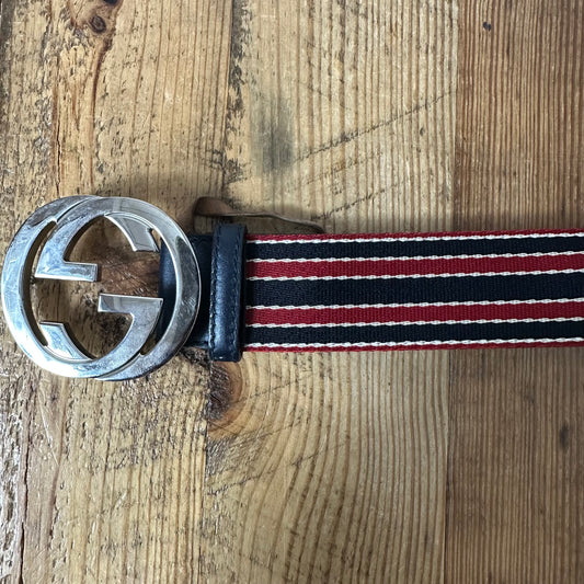 Gucci Red Navy Web Striped Belt Sz (105/42)