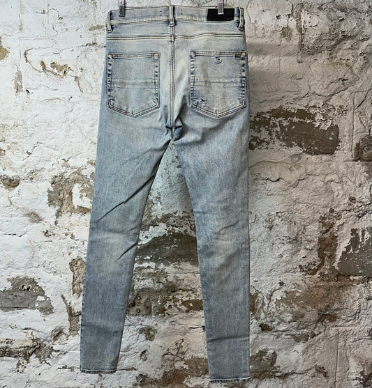 Amiri MX1 Black Leather Washed Blue Denim Jeans Sz 31
