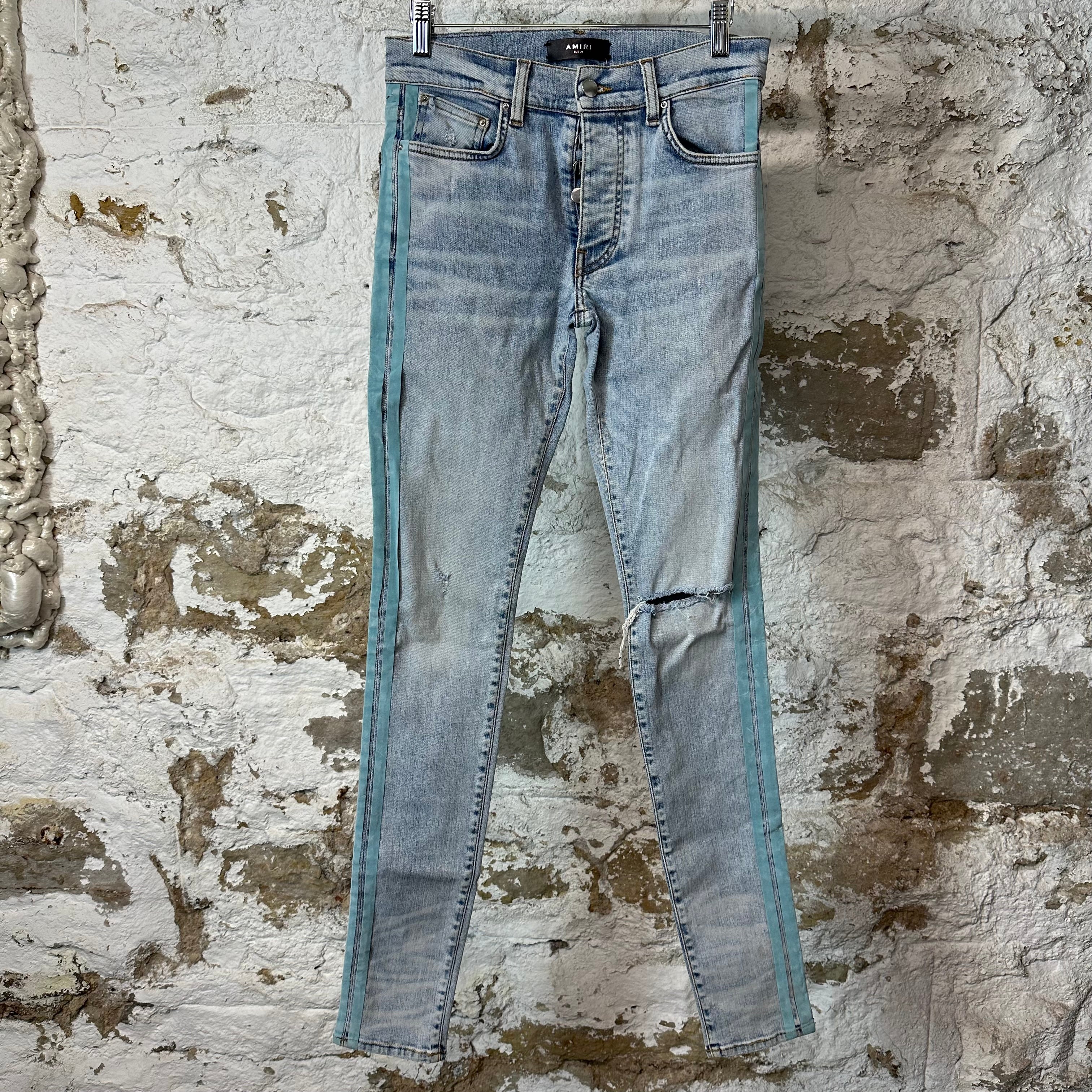 Amiri Teal Velour Stripe Washed Blue Denim Jeans Sz 28