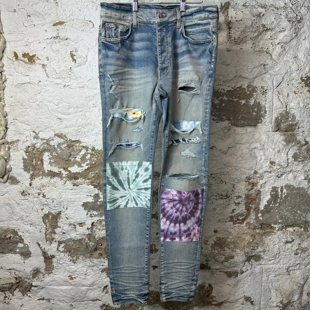 Amiri MX1 Multicolor Paisley Patches Blue Denim Jeans Sz 34