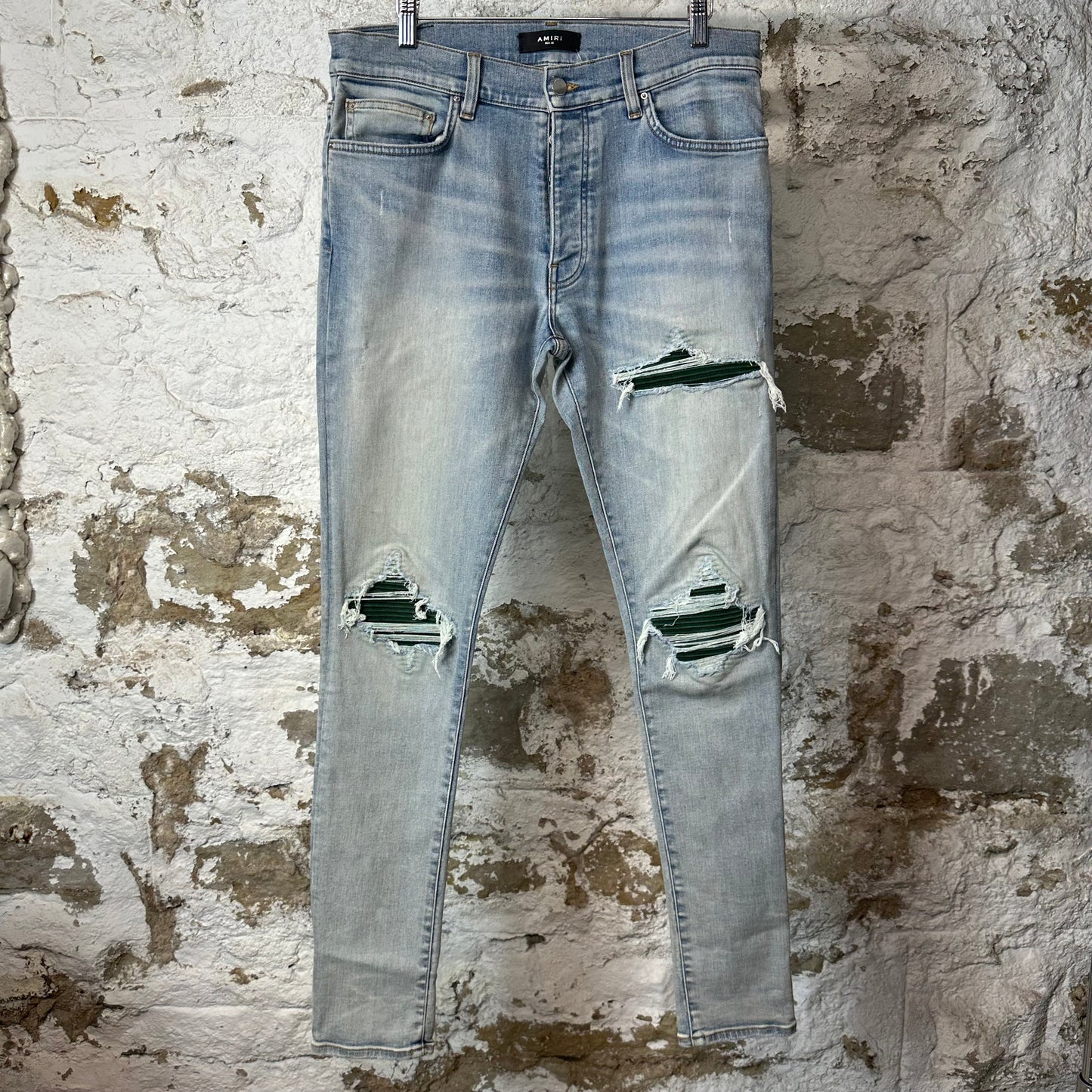Amiri MX1 Green Suede Light Blue Denim Jeans Sz 32