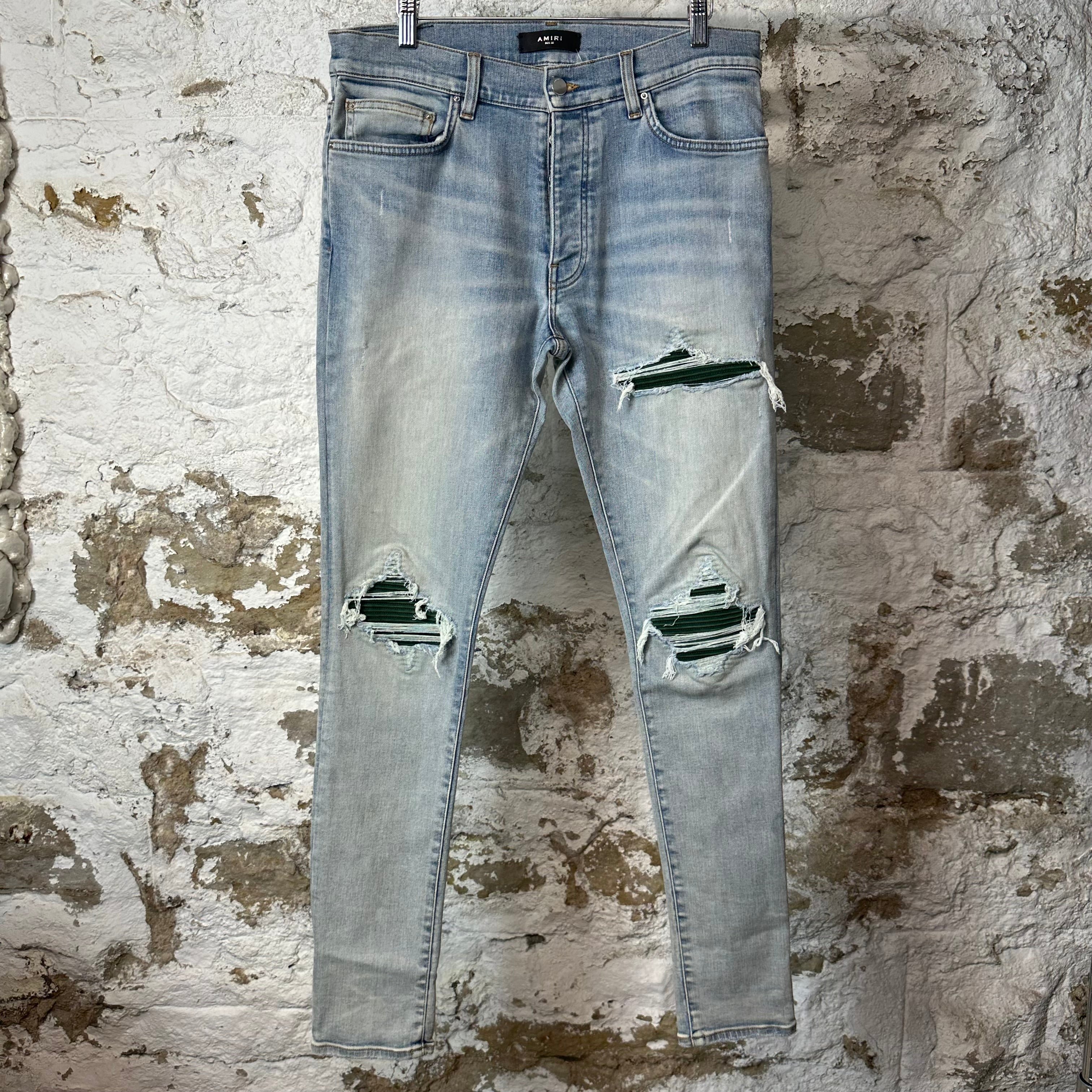 Amiri MX1 Green Suede Light Blue Denim Jeans Sz 32