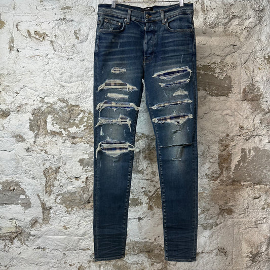 Amiri MX1 Blue Plaid Dark Blue Denim Jeans Sz 33