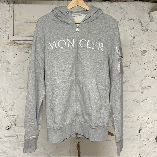Moncler Silver Spellout Zip Up Hoodie Grey Sz L