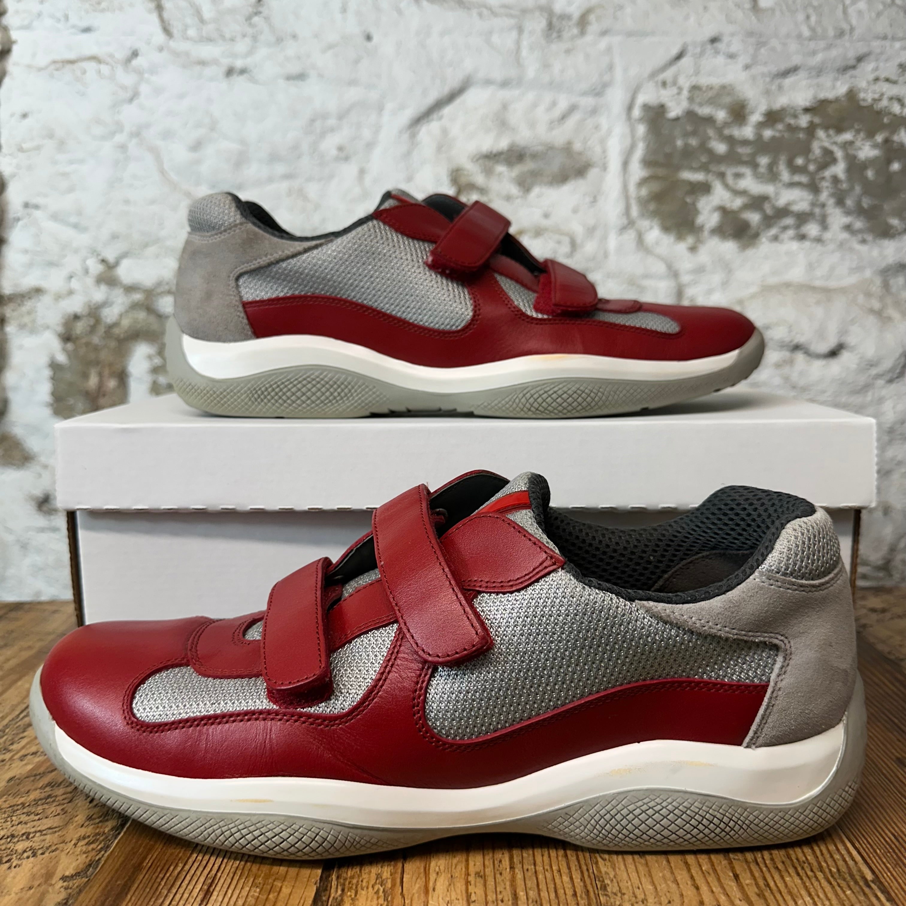 Prada Americas Cup Vintage Red Leather Strap Grey Sneaker Sz 8
