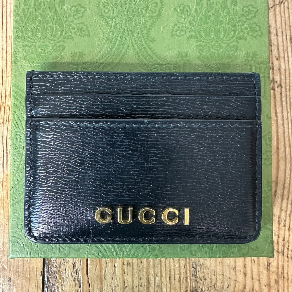 Gucci Script Logo Black Card Holder W/ Box