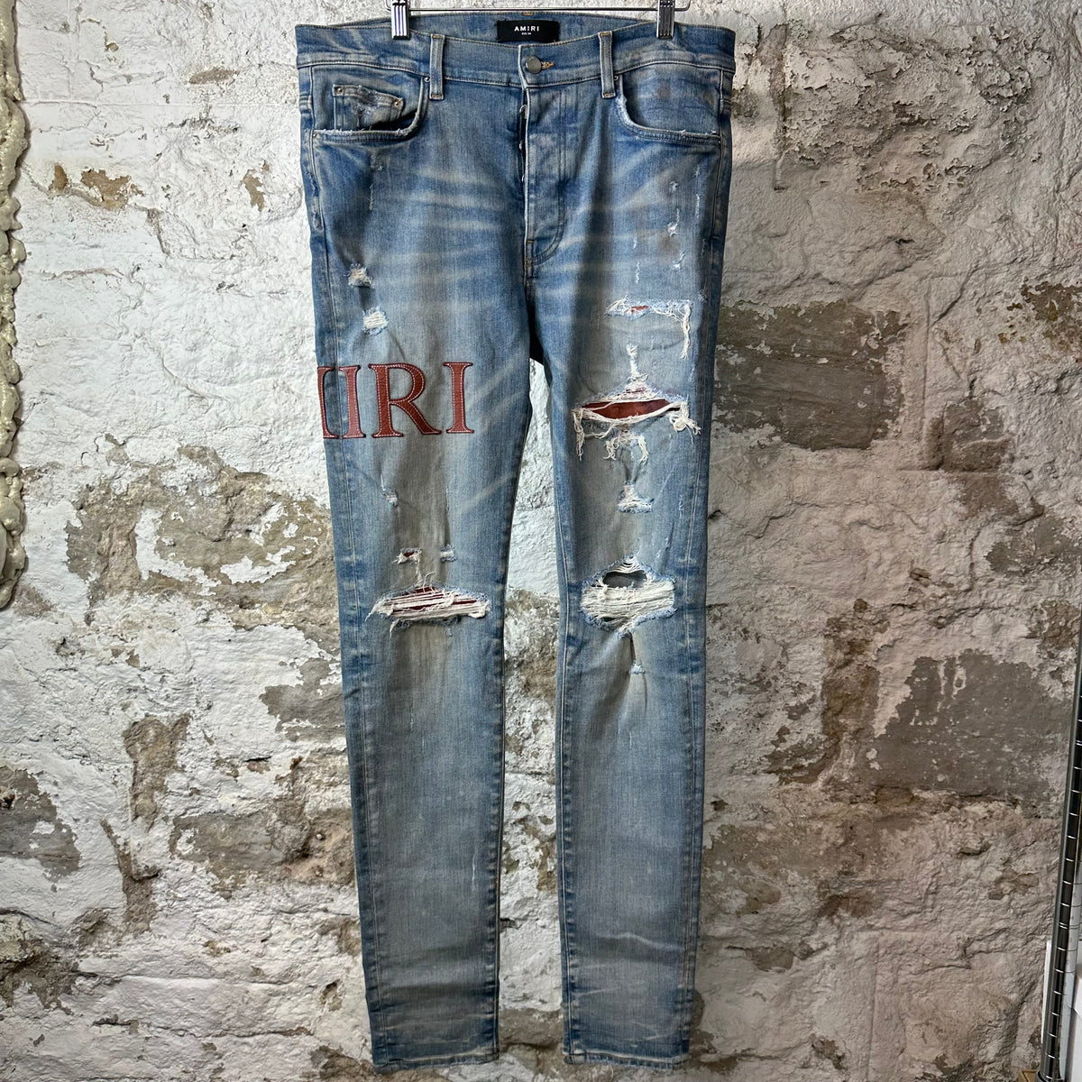 Amiri MX1 Brown Leather Core Logo Blue Denim Jeans Sz 34