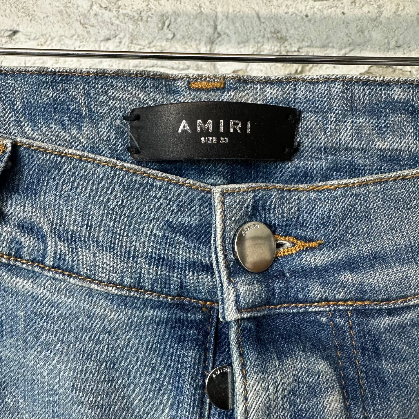 Amiri Distressed Side Spell Blue Denim Jeans Sz 33