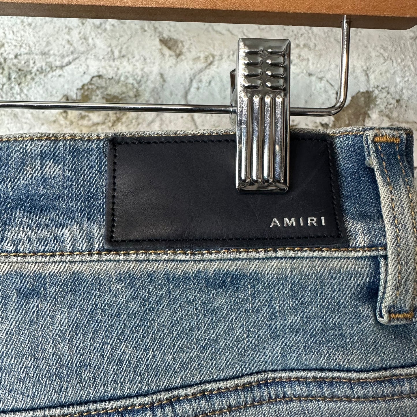 Amiri MX1 Orange Art Patch Blue Denim Jeans Sz 32