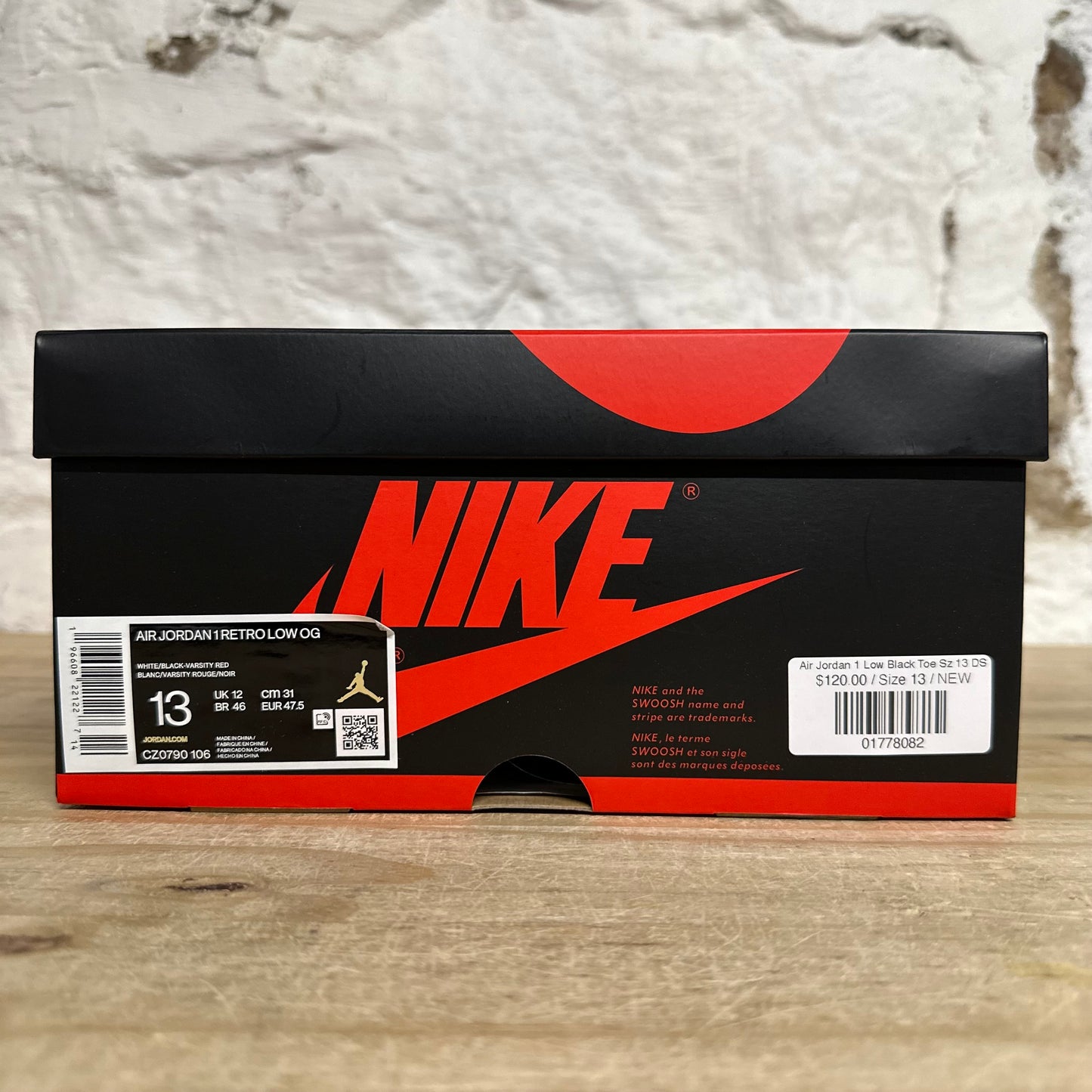 Air Jordan 1 Low Black Toe Sz 13 DS