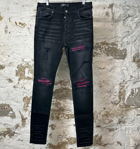 Amiri MX1 Cracked Pink Black Denim Jeans Sz 34