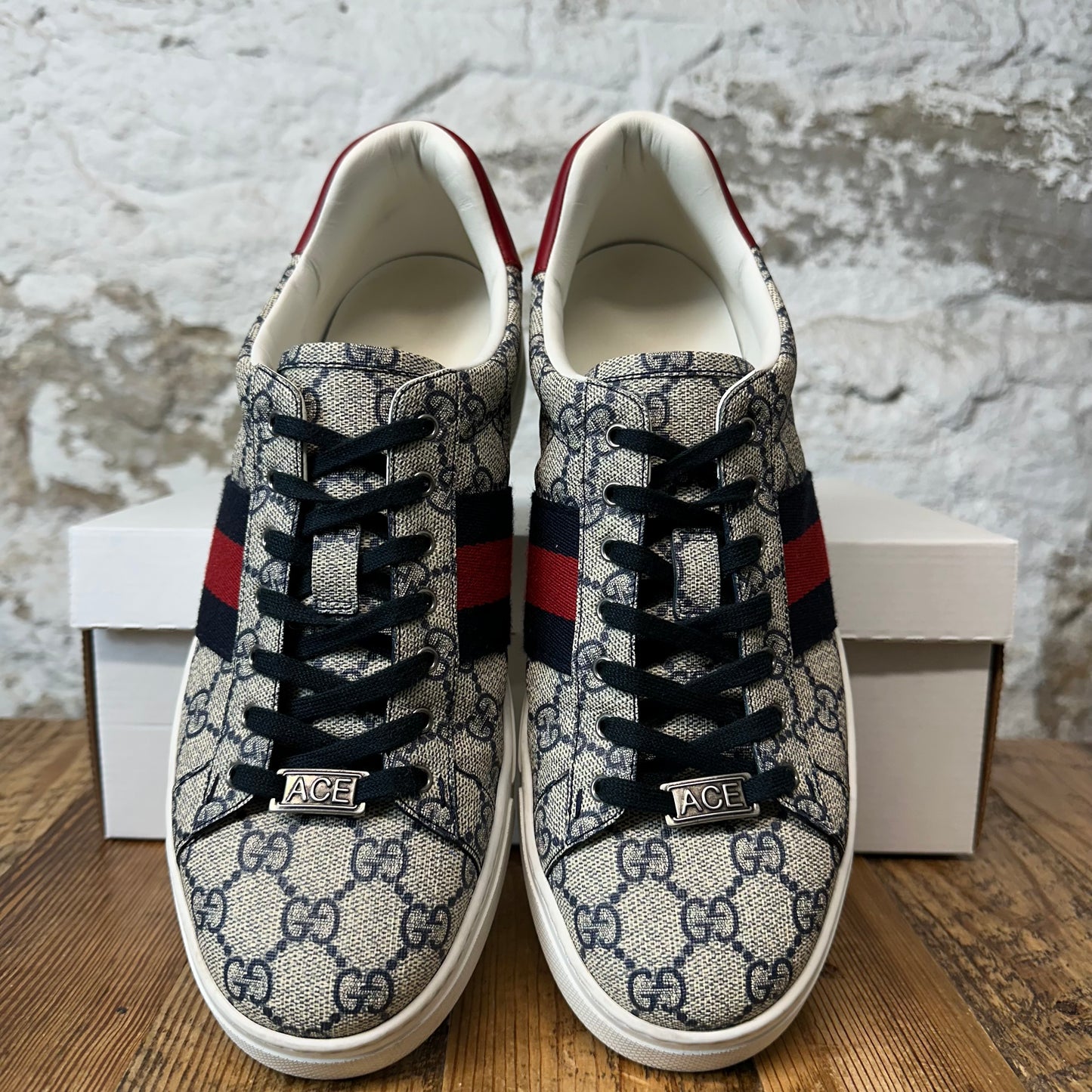 Gucci Ace Navy GG Monogram Beige Sneaker Sz 9