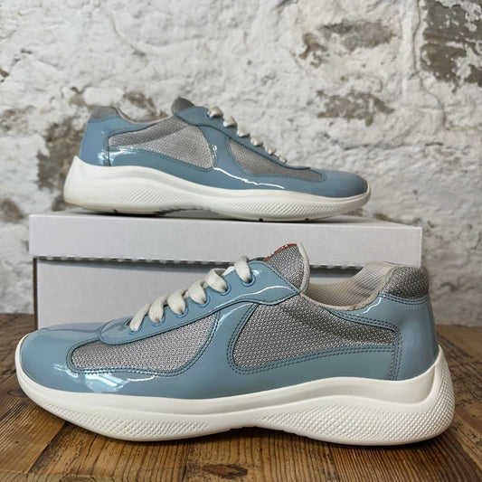 Prada Americas Cup Baby Blue Patent Grey White Sneaker Sz 9