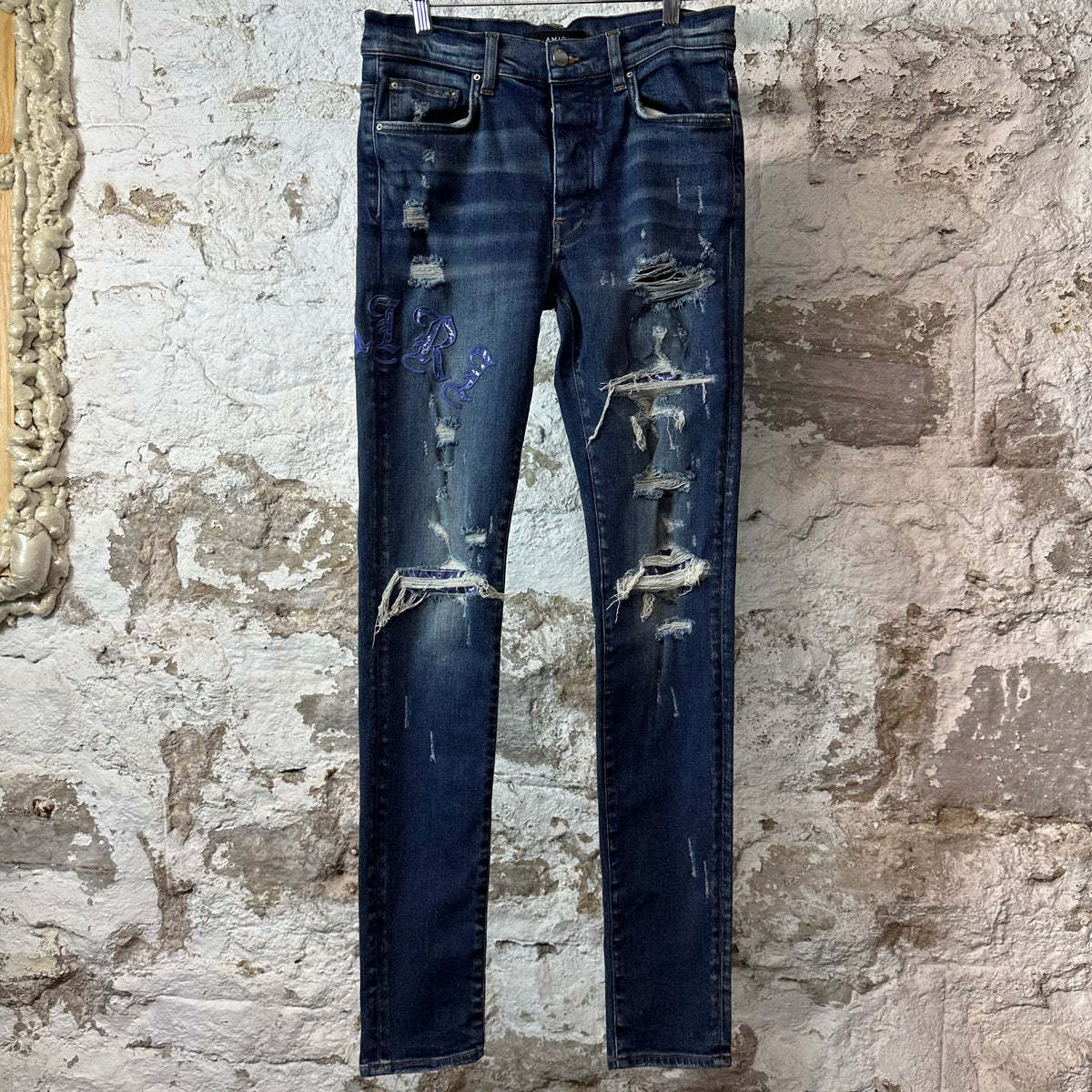 Amiri Purple Old English Spell Dark Blue Denim Jeans Sz 31
