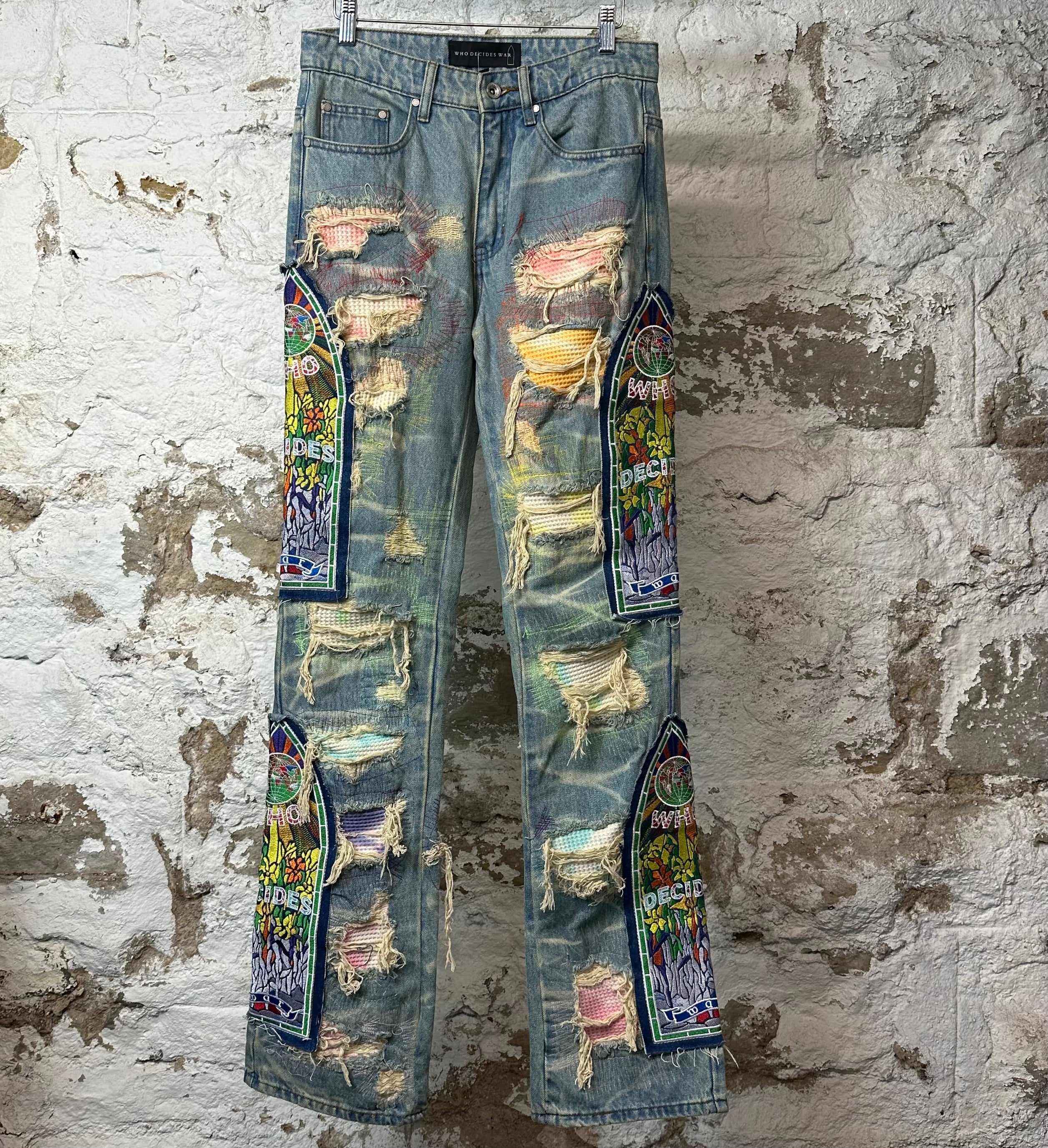 Who Decides War Stained Glass Multicolor Stitched Blue Denim Jeans Sz 28