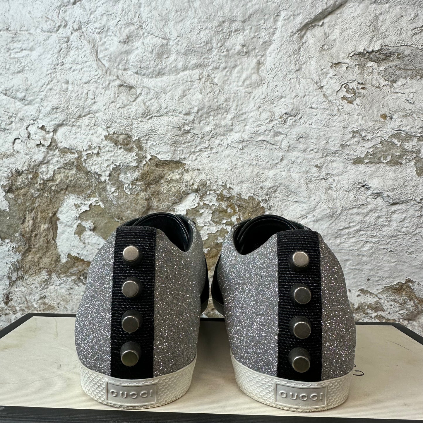 Gucci Bambi Web Silver Glitter Stud Sneaker Sz 6 (38.5)