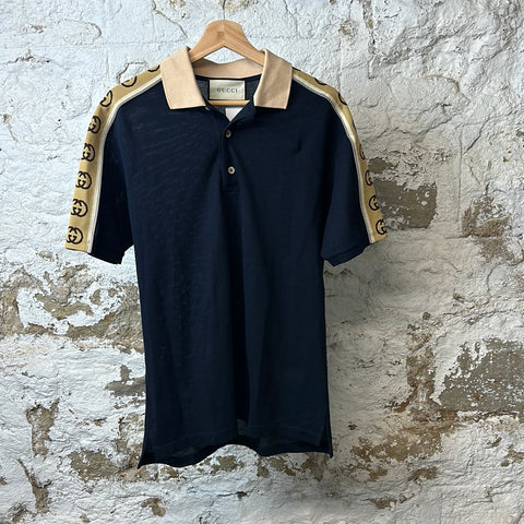 Gucci GG Sleeve Logo Navy Polo Shirt Sz M