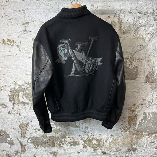 Louis Vuitton Black Monogram Leather Wool Mask Varsity Jacket Sz M (48)