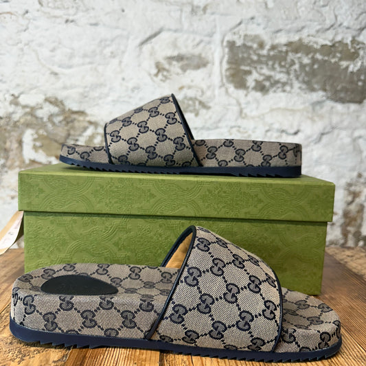 Gucci GG Monogram Beige Blue Canvas Slide Sz 9