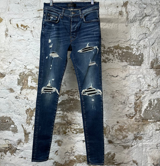 Amiri MX1 Black Leather Dark Blue Denim Jeans Sz 30