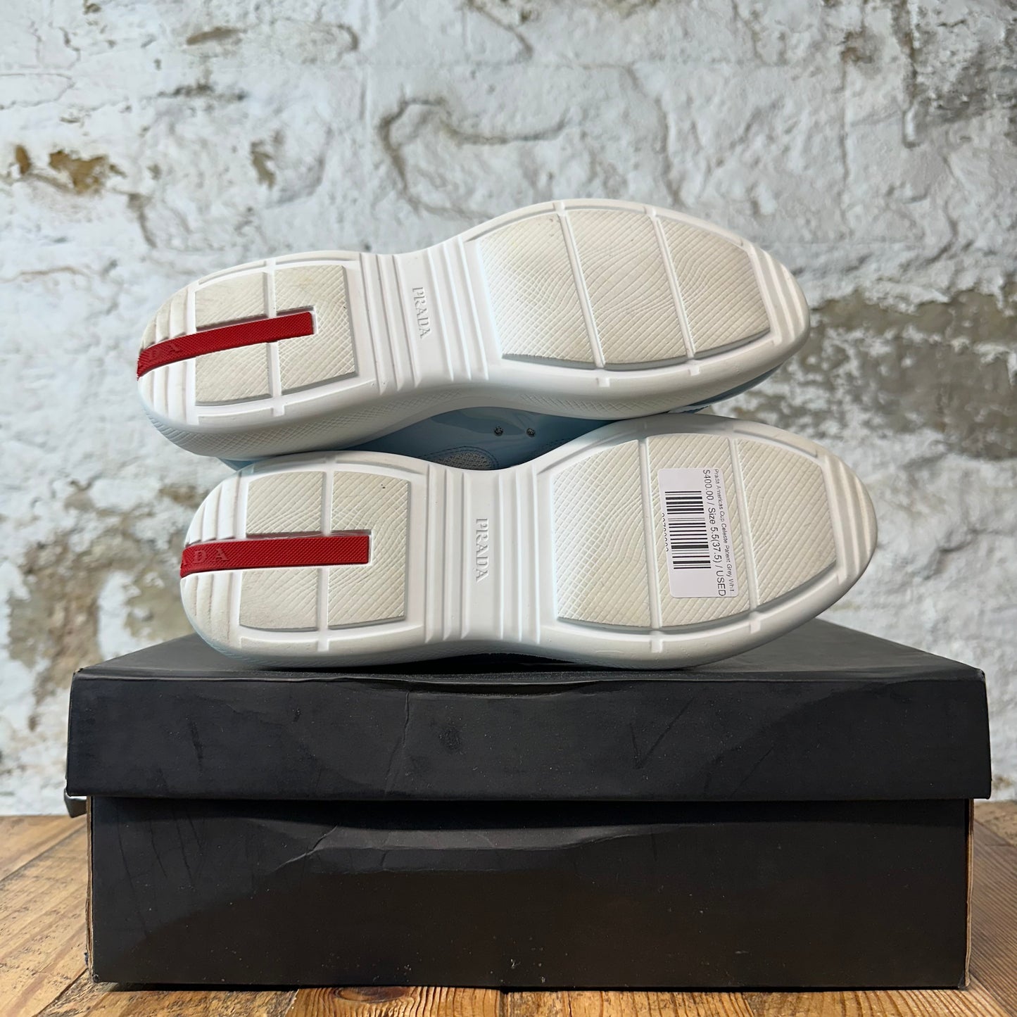 Prada Americas Cup Celeste Patent Grey White Sneaker Sz 5.5 (37.5)