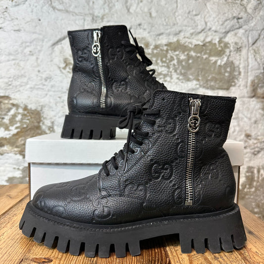 Gucci Black Leather GG Monogram Web Boot Sz 8.5