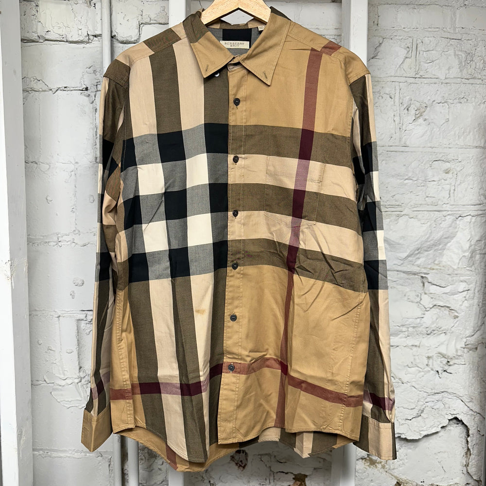 Burberry Tan Plaid Button Up Sz L