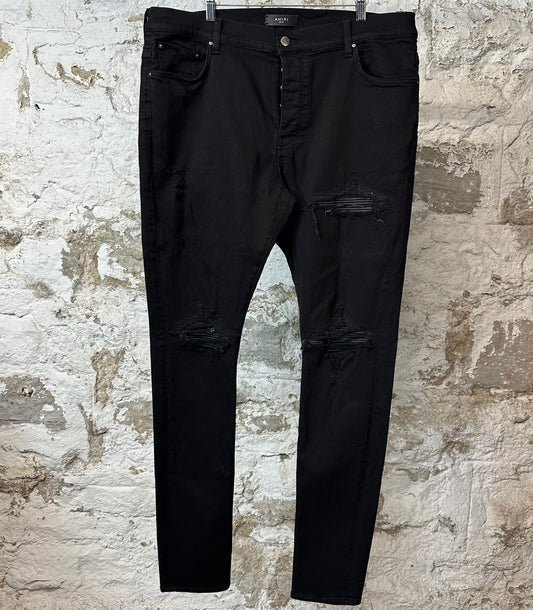 Amiri MX1 Black Leather Black Denim Jeans Sz 38