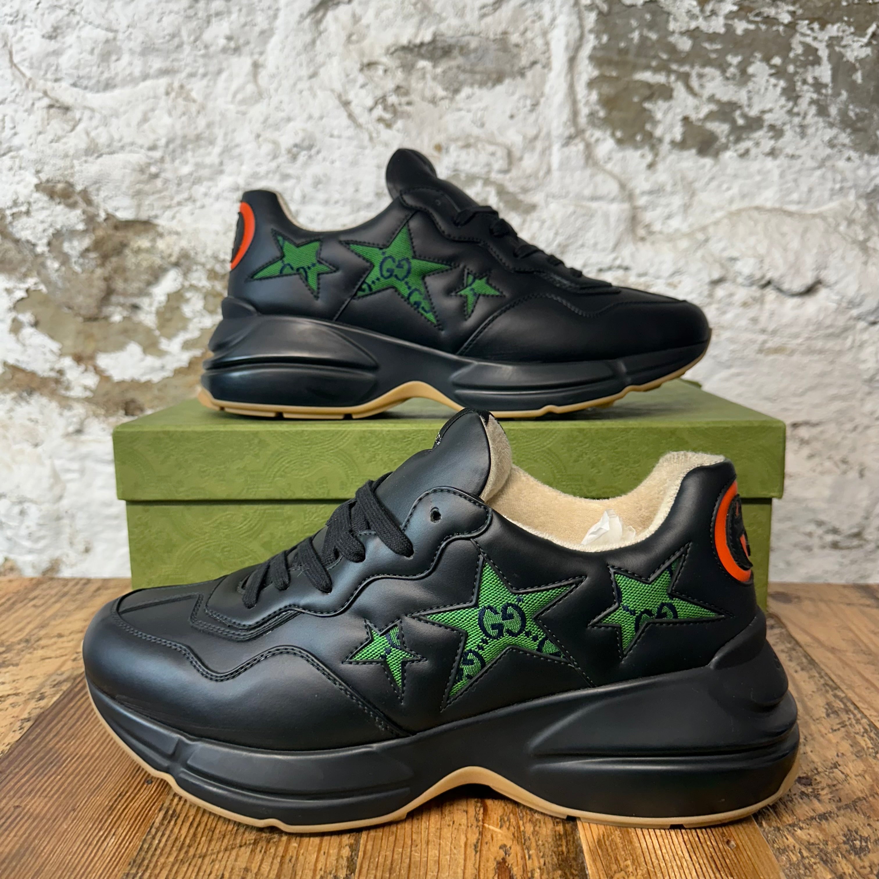 Gucci Rython Green Star Monogram Black Sneaker Sz 10.5