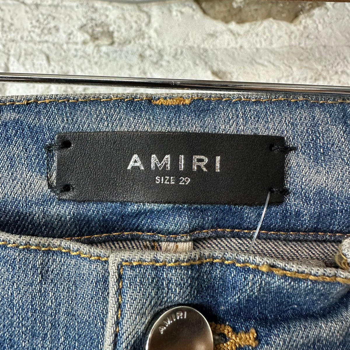 Amiri Brown Leather Core Logo Blue Denim Jeans Sz 29
