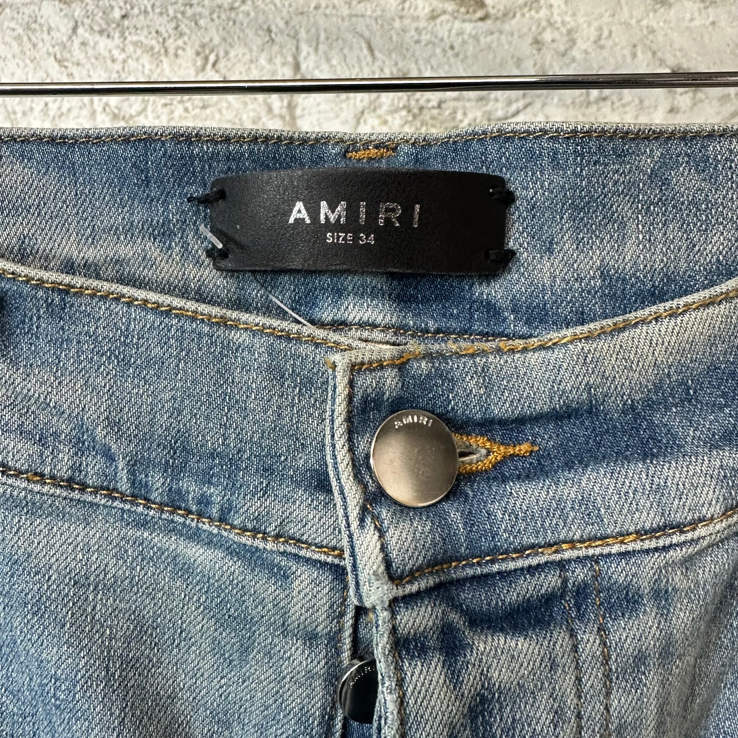 Amiri MX1 Black Leather Dark Blue Denim Jeans Sz 34