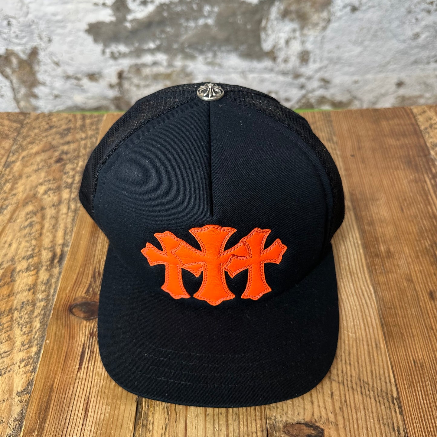 Chrome Hearts St. Barths Orange Cemetery Black Trucker Hat DS