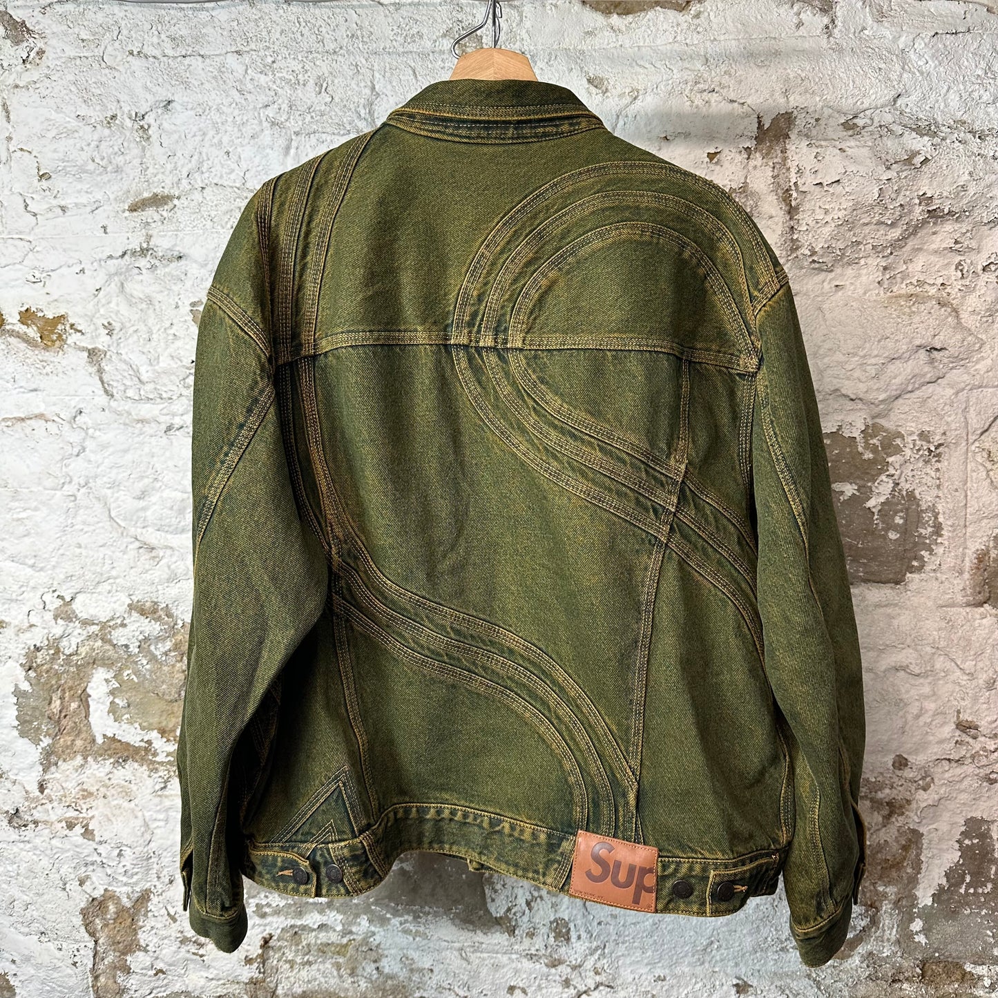 Supreme S Logo Denim Trucker Jacket Dirty Green Sz L