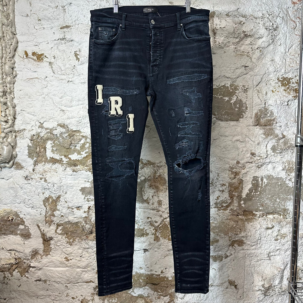 Amiri Varsity Felt Spell Distressed Denim Jeans Sz 36