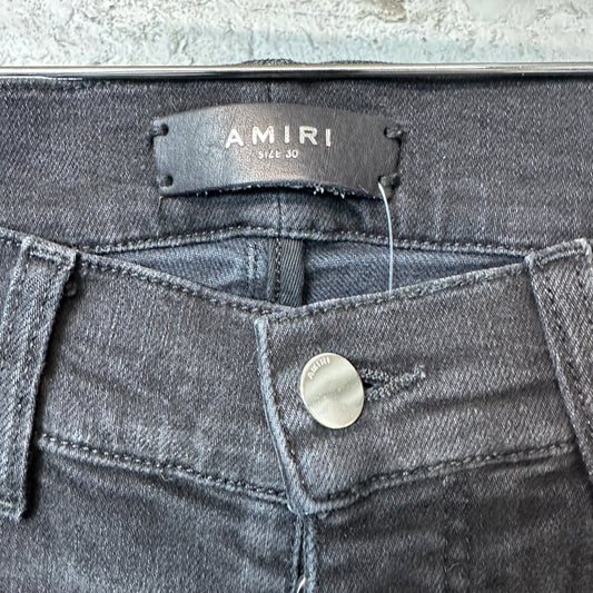 Amiri White Stitch Spell Distressed Black Denim Jeans Sz 30
