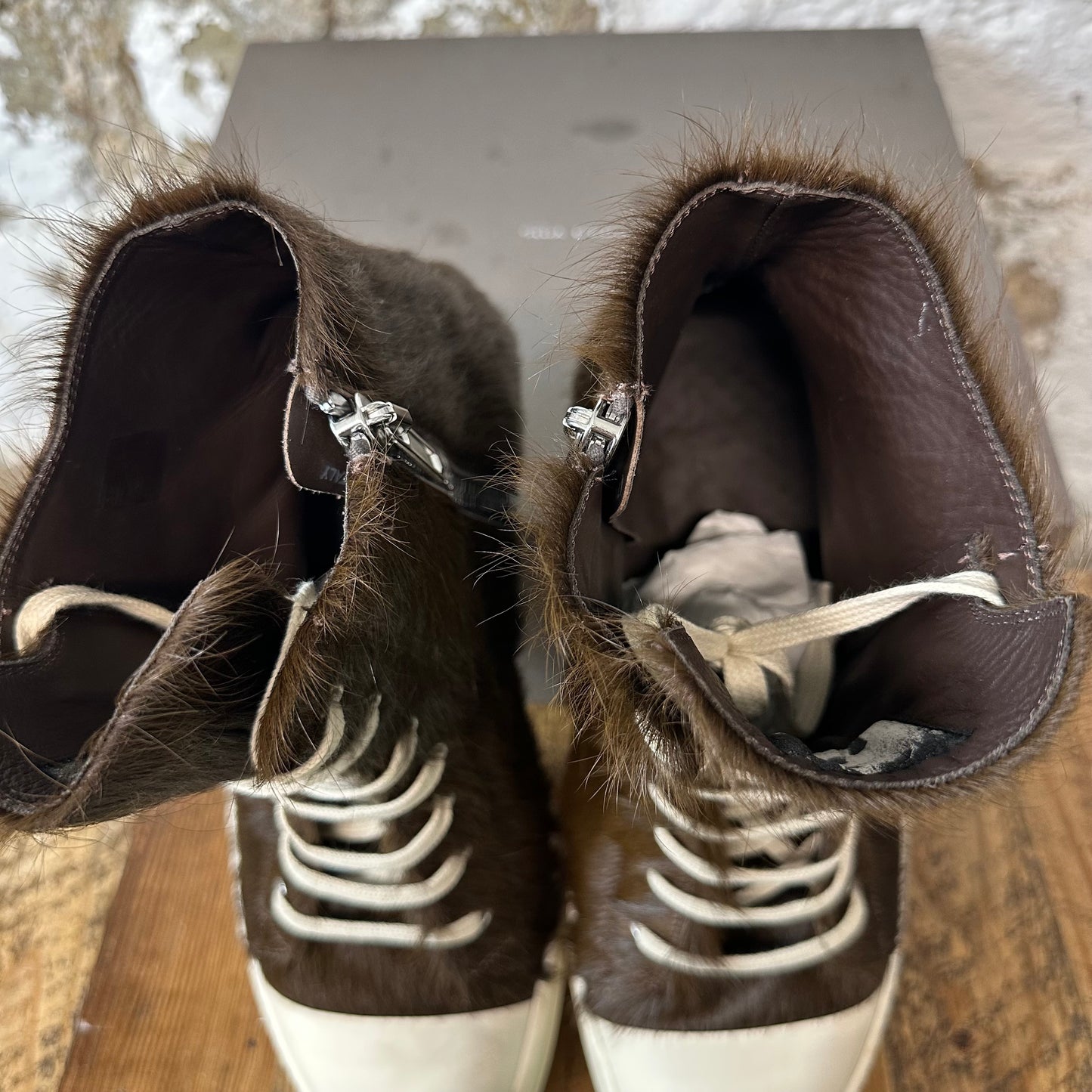 Rick Owens High Brown Pony Hair Milk Sneaker Sz 14 (47)