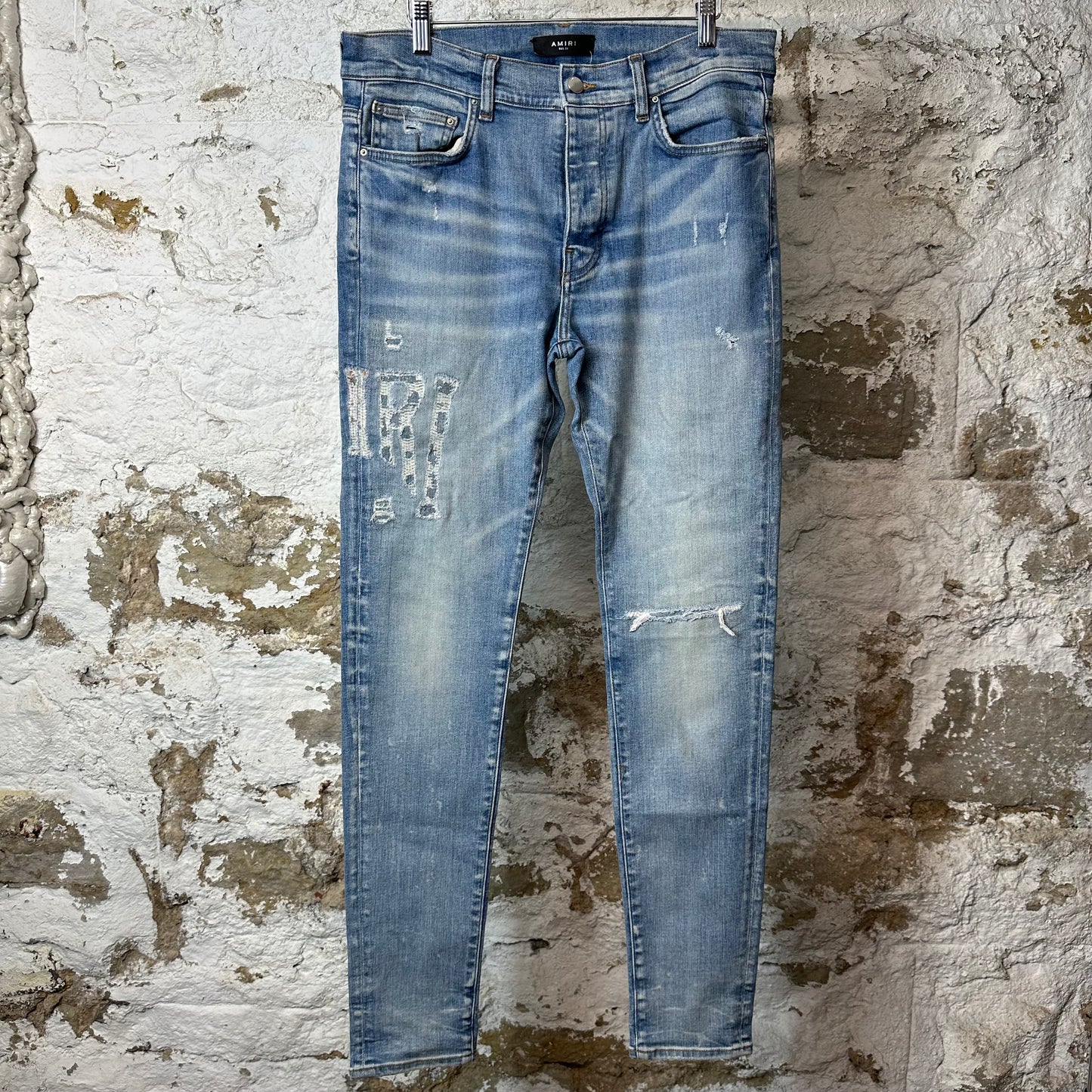 Amiri Distressed Side Spell Blue Denim Jeans Sz 33