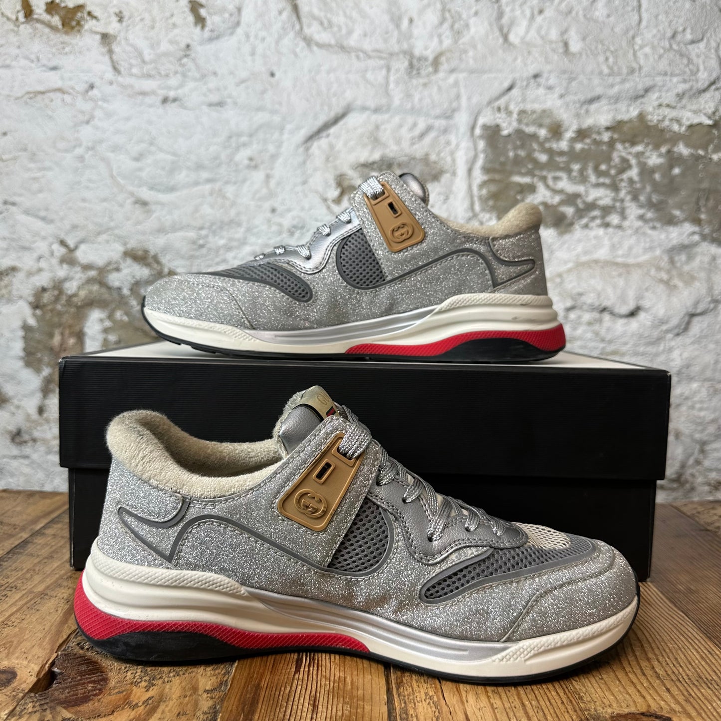 Gucci Ultrapace Silver Cream Sneaker Sz 7.5