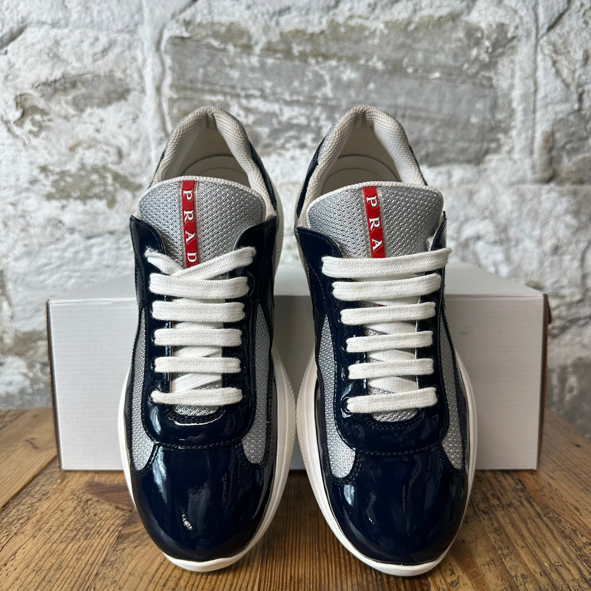 Prada Americas Cup Navy Patent Grey White Sneaker Sz 5