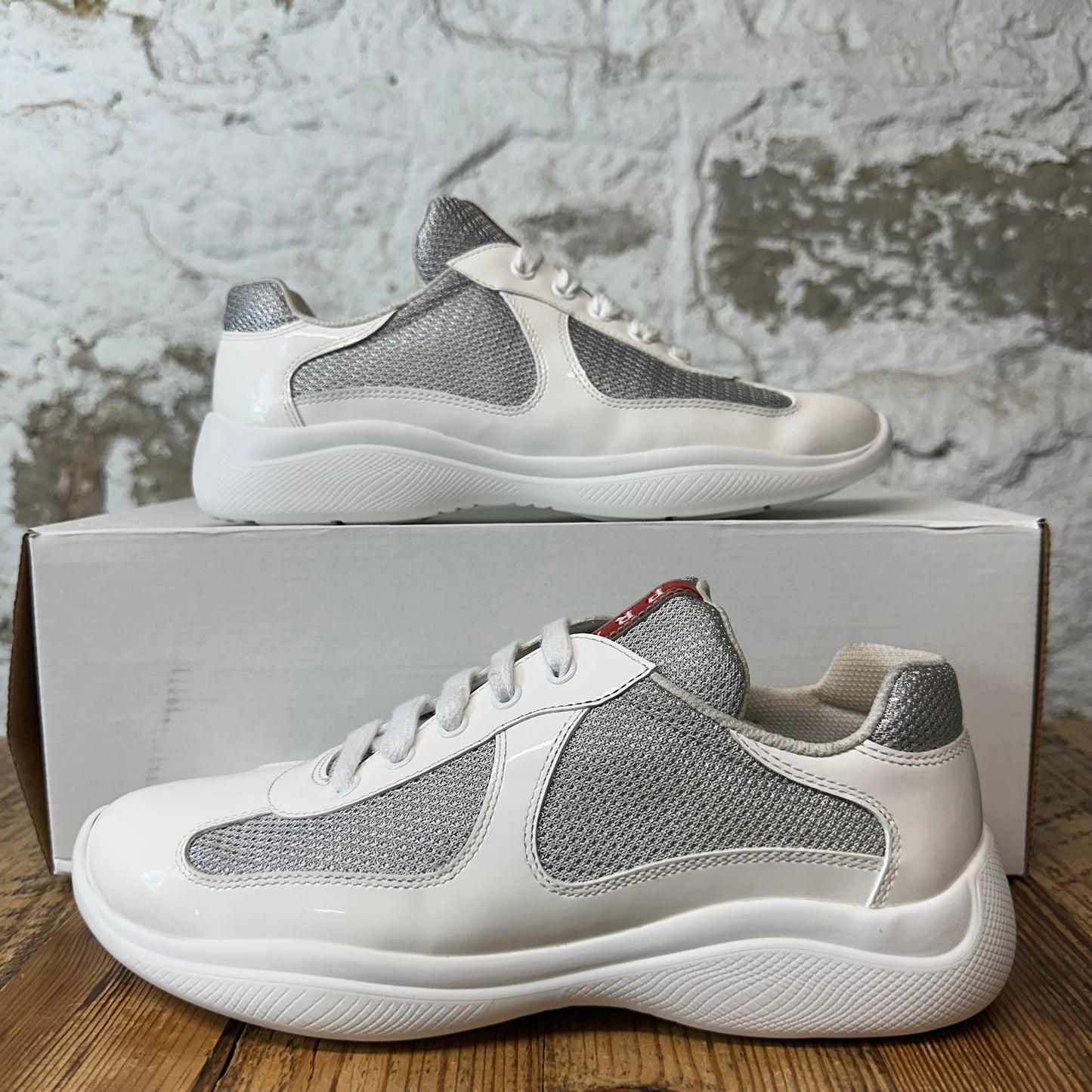 Prada Americas Cup White Patent Grey White Sneaker Sz 6 (38.5)