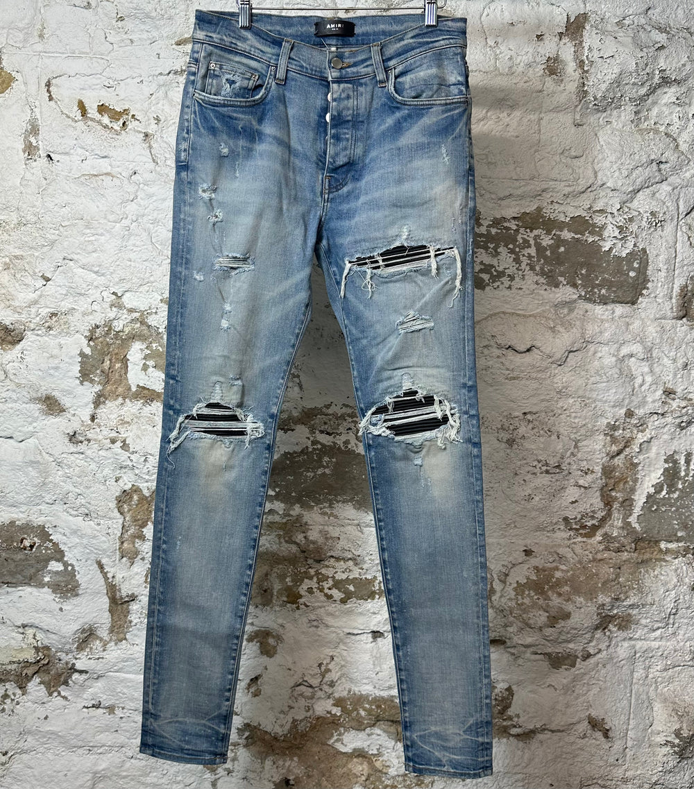 Amiri MX1 Black Leather Blue Denim Jeans Sz 33