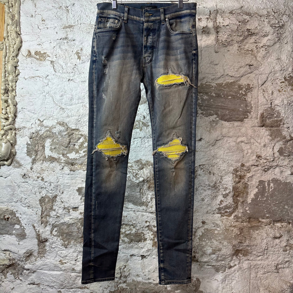 Amiri MX1 Yellow Suede Dirty Blue Denim Jeans Sz 30