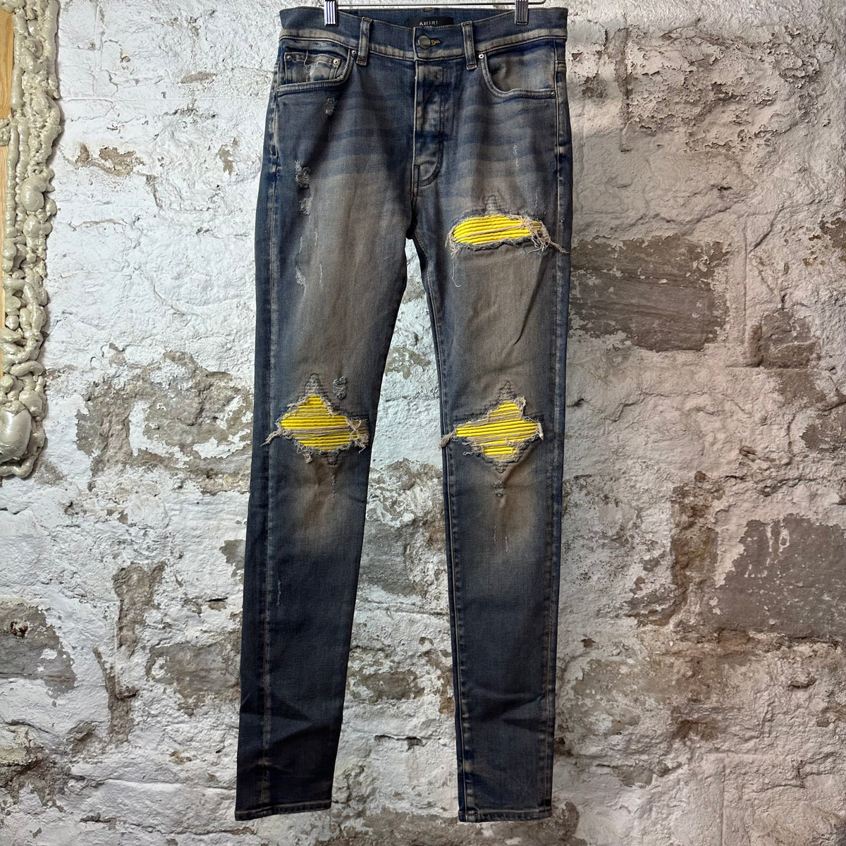 Amiri MX1 Yellow Suede Dirty Blue Denim Jeans Sz 30