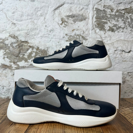 Prada Americas Cup Navy Leather Grey White Sneaker Sz 6.5
