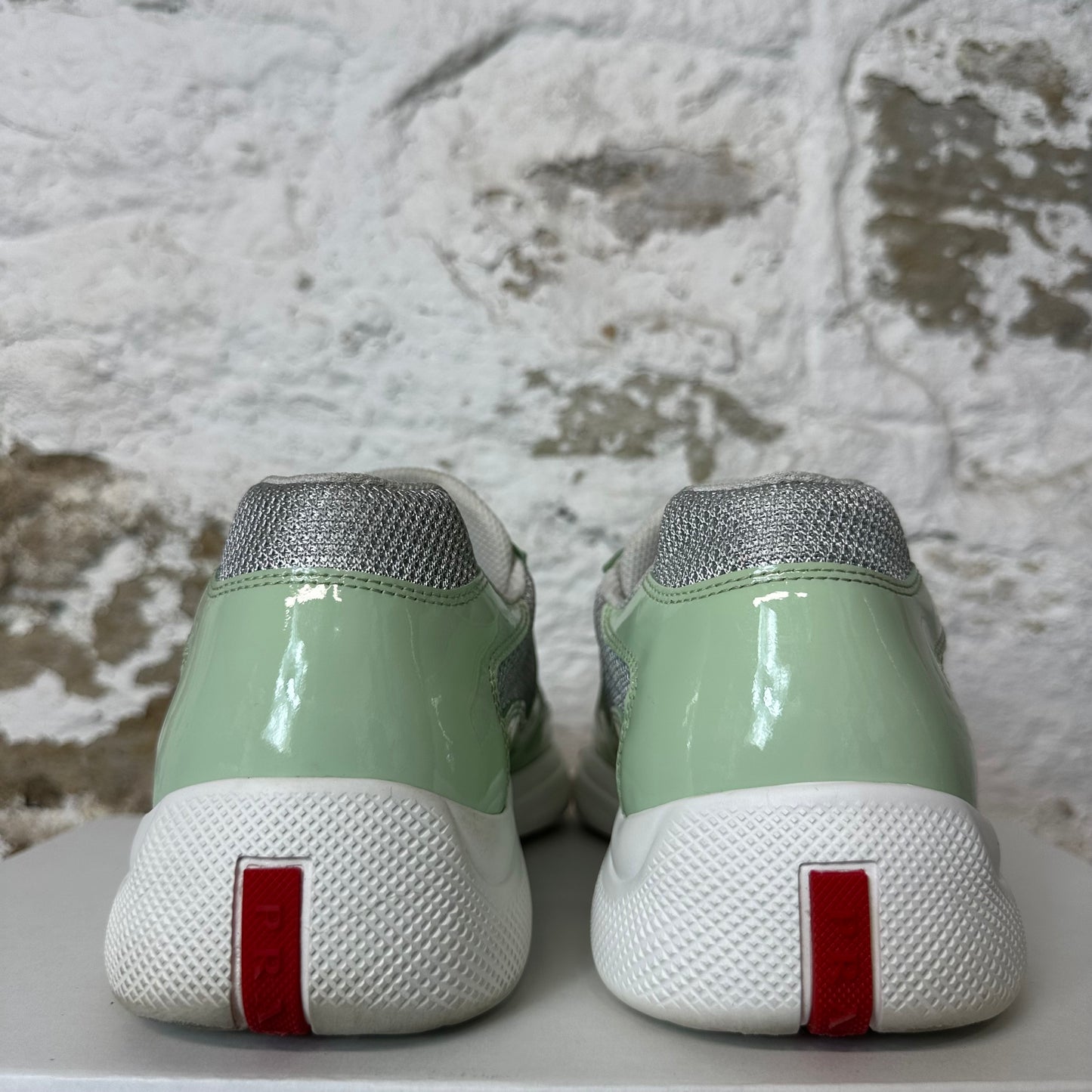 Prada Americas Cup Mint Patent White Sneaker Sz 8.5 No Box