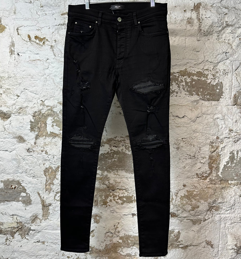 Amiri MX1 Black Leather Black Denim Jeans Sz 33