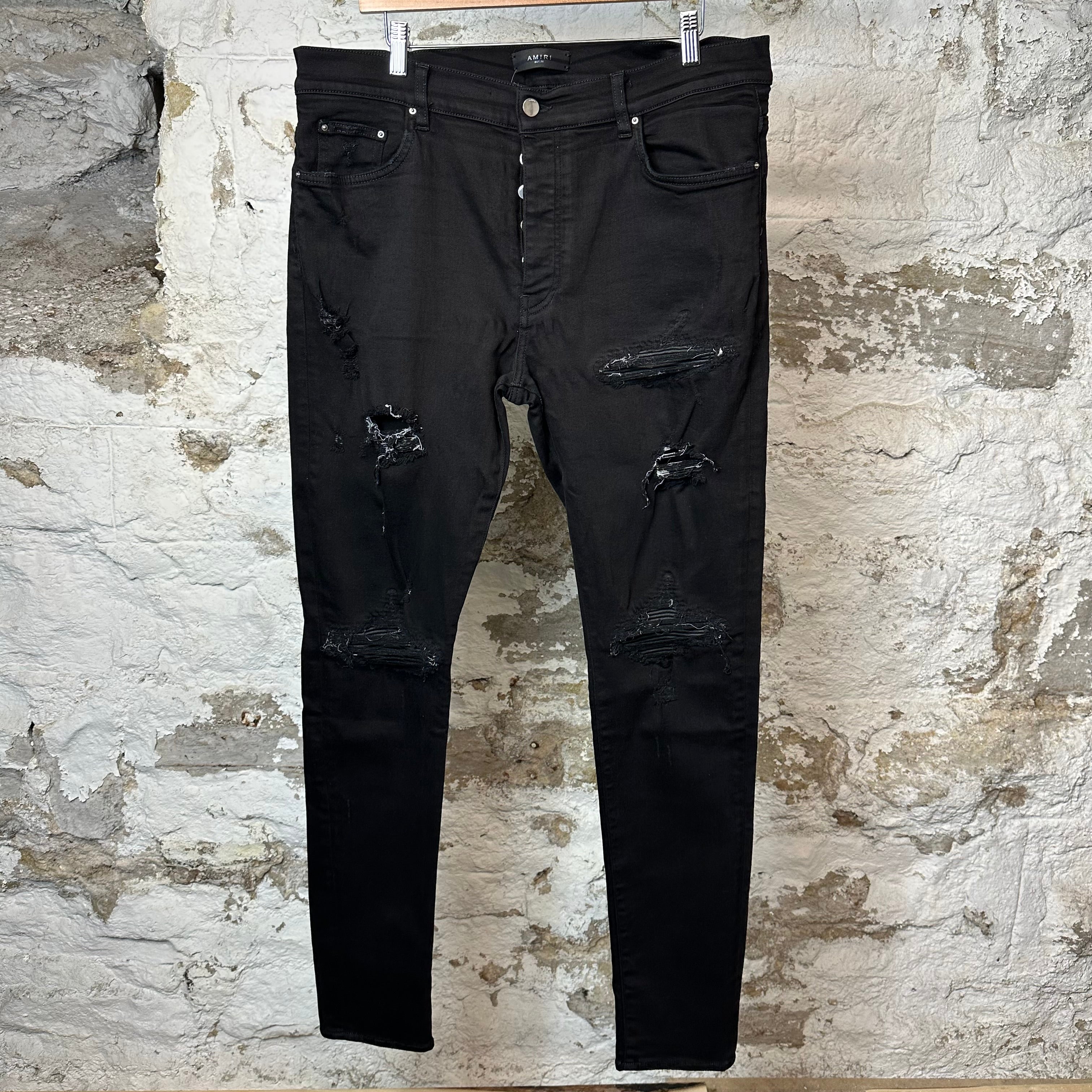Amiri MX1 Black Leather Black Denim Jeans Sz 38
